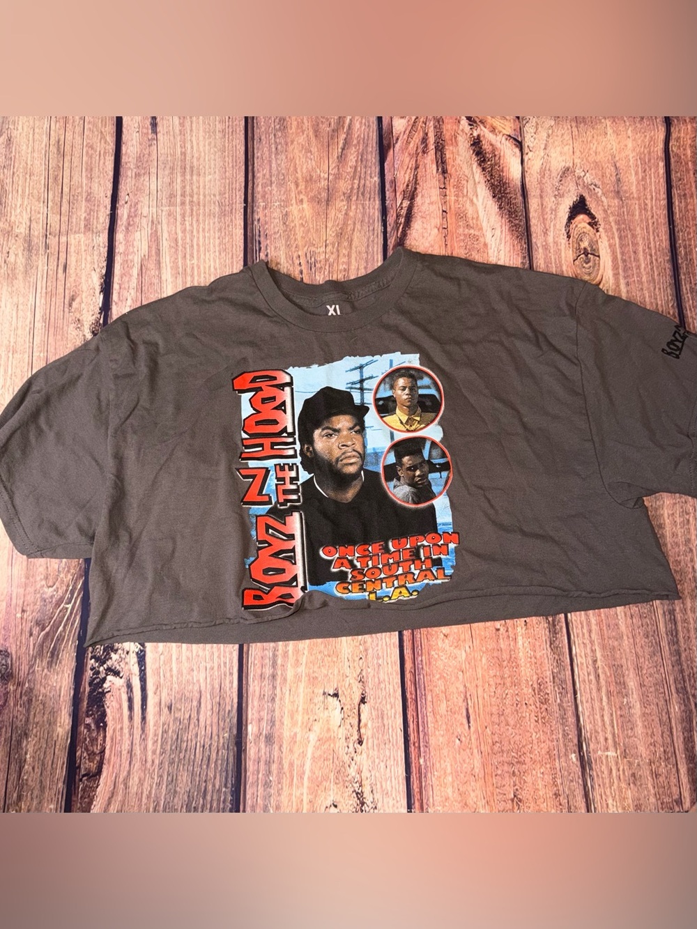 Boyz N The Hood XL Cropped Graphic Tee - Charcoal with Red & Blue Print